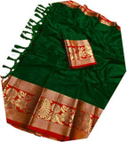 Woven Kanjivaram Cotton Silk, Jacquard Saree DARK GREEN - RED