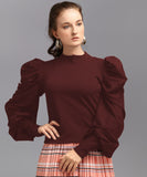 Casual Full Sleeve Solid Women Pink Top Maroon