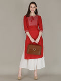 Women Embroidered Straight Kurta Red