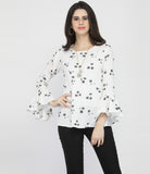 Casual 3/4 Sleeve Printed Women White Top WHITE