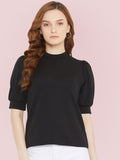 Casual Short Sleeve Solid Women Dark Blue Top Black