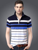 Striped Men Polo Neck Dark Blue T-Shirt Auto-Striper White-DarkNavy-IndigoRoyal